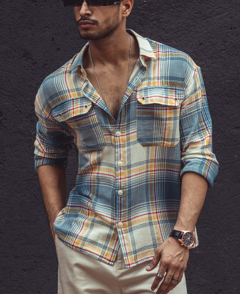 Multi Color Plaid Checks Oversize Drop Shoulder Shirt 100% Cotton