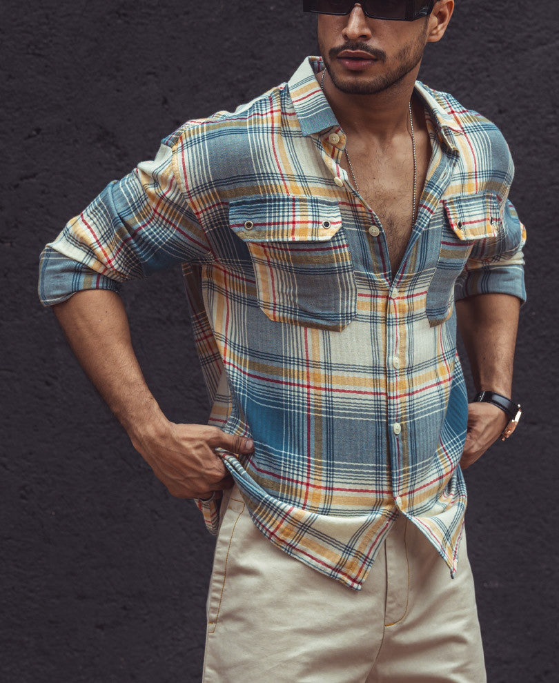 Multi Color Plaid Checks Oversize Drop Shoulder Shirt 100% Cotton