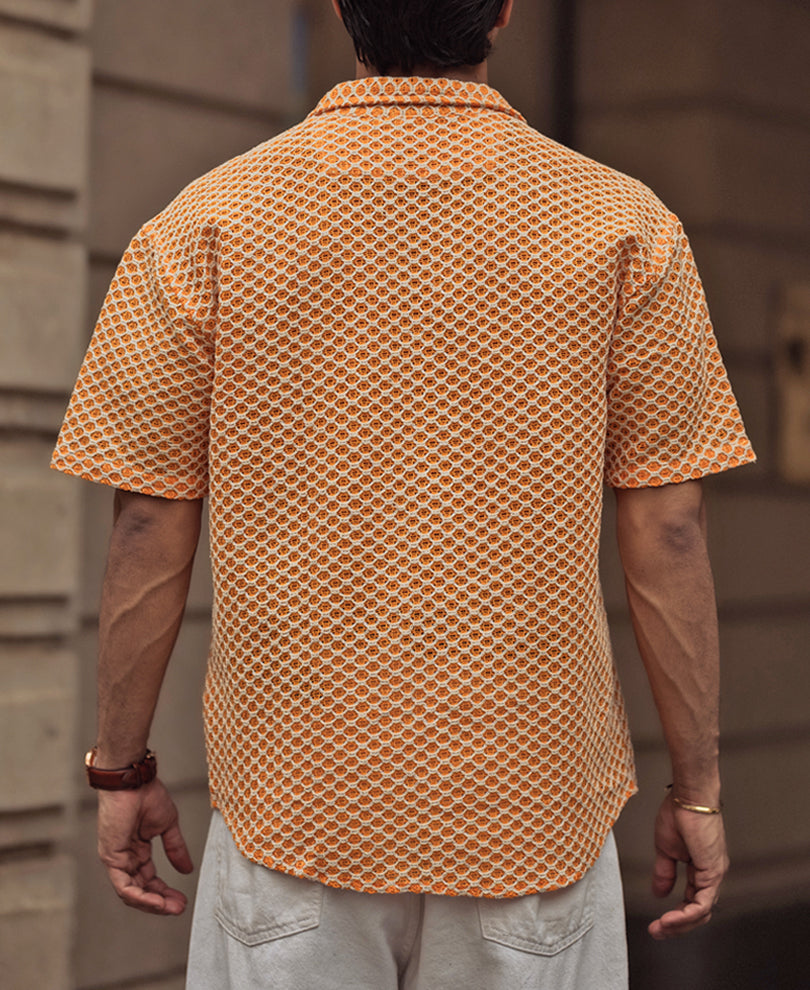 Orange and White Crochet Knit Oversized Shirt 100% Cotton