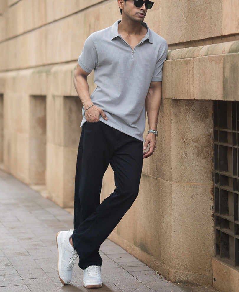 Grey Structured Regular Fit Half Sleeves Zipper T Shirt