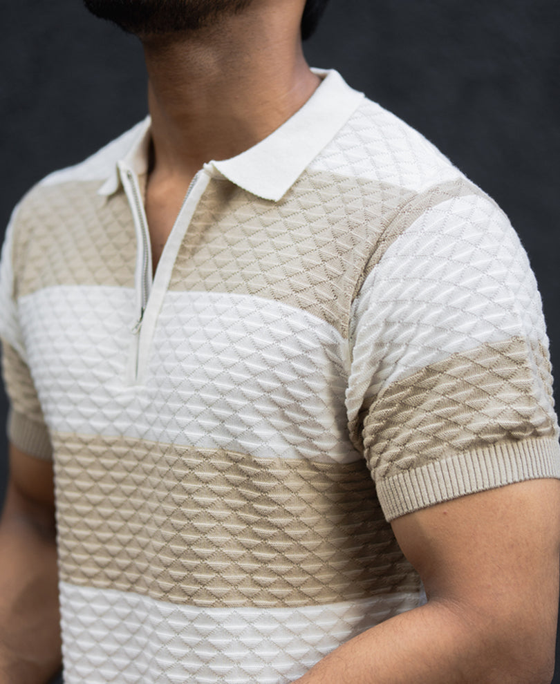 Off White Structured Striped Regular Half Sleeves T Shirt 100% Cotton
