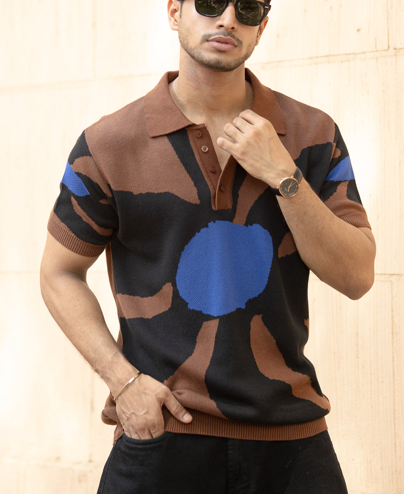 Brown Floral Knit Polo T-Shirt 100% Cotton
