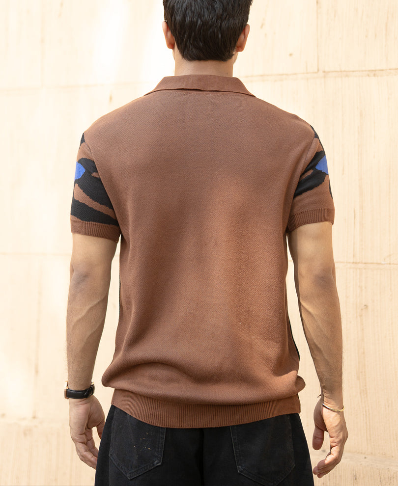 Brown Floral Knit Polo T-Shirt 100% Cotton