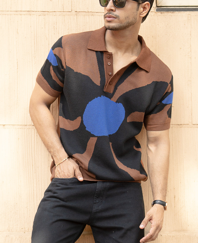 Brown Floral Knit Polo T-Shirt 100% Cotton