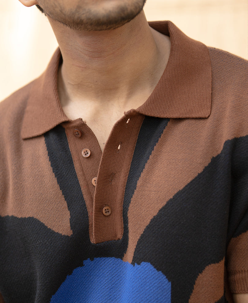Brown Floral Knit Polo T-Shirt 100% Cotton