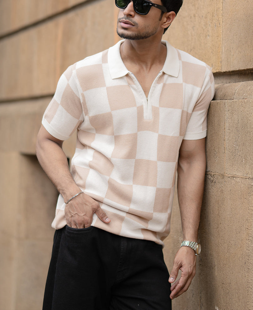 White And Beige Checkerboard Knit T-Shirt 100% Cotton