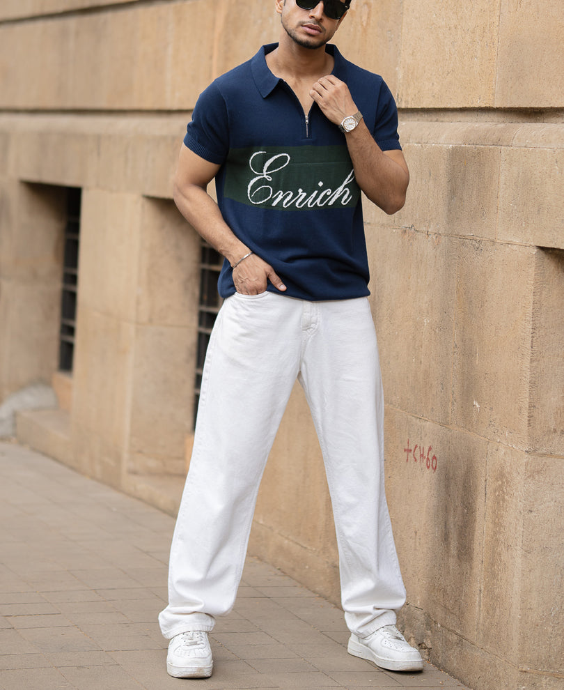 Navy Enrich Knitted Polo T-Shirt 100% Cotton