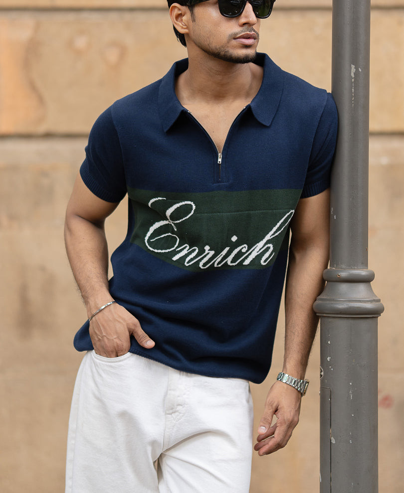 Navy Enrich Knitted Polo T-Shirt 100% Cotton
