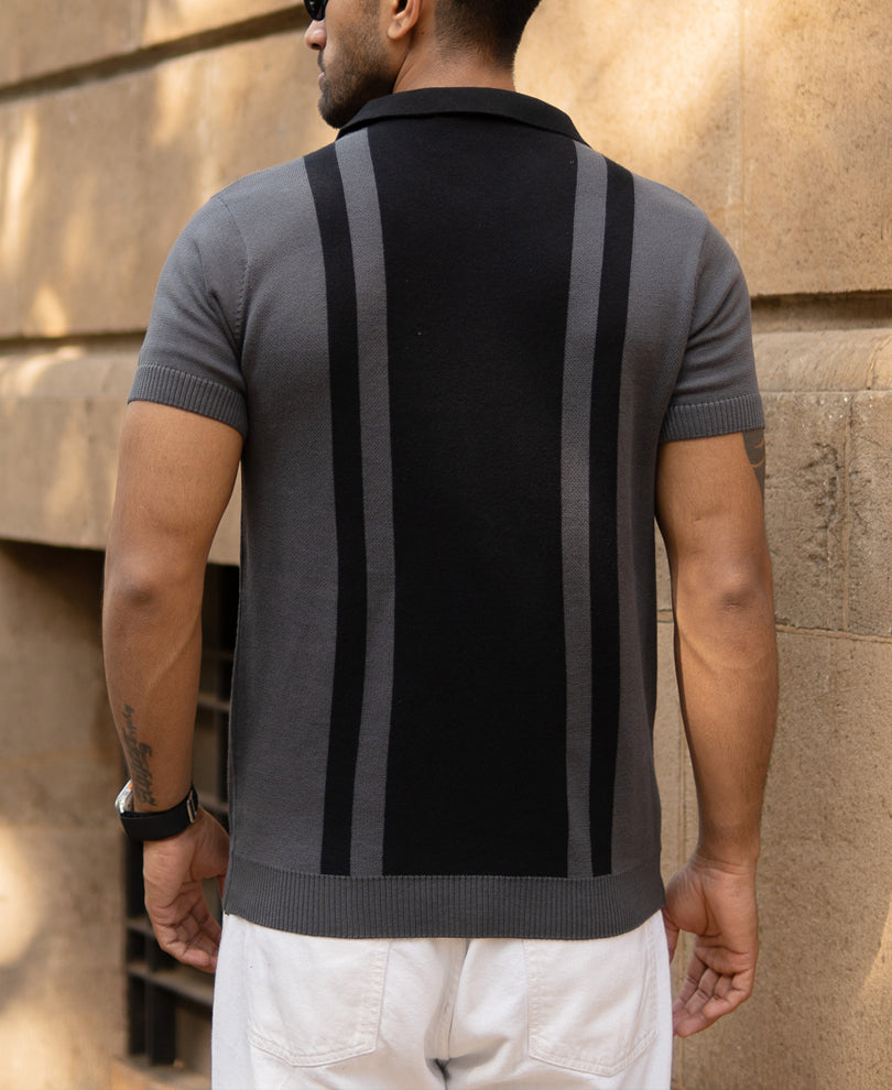 Grey Jacquard Half Sleeves Knit Polo T-Shirt 100% Cotton