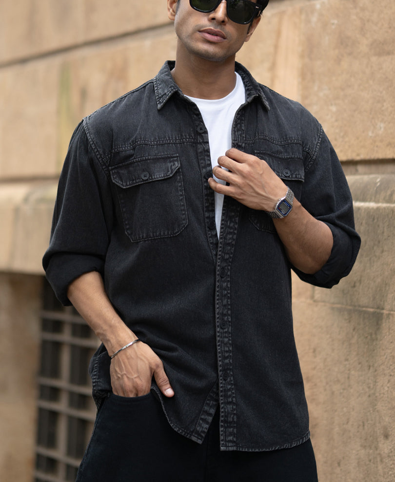 Charcoal Washed Denim Shirt 100% Cotton