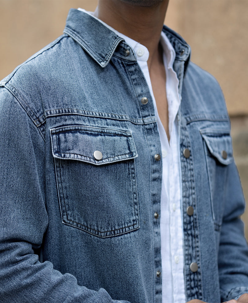 Mid Blue Washed Denim Regular Fit Overshirt 100% Cotton