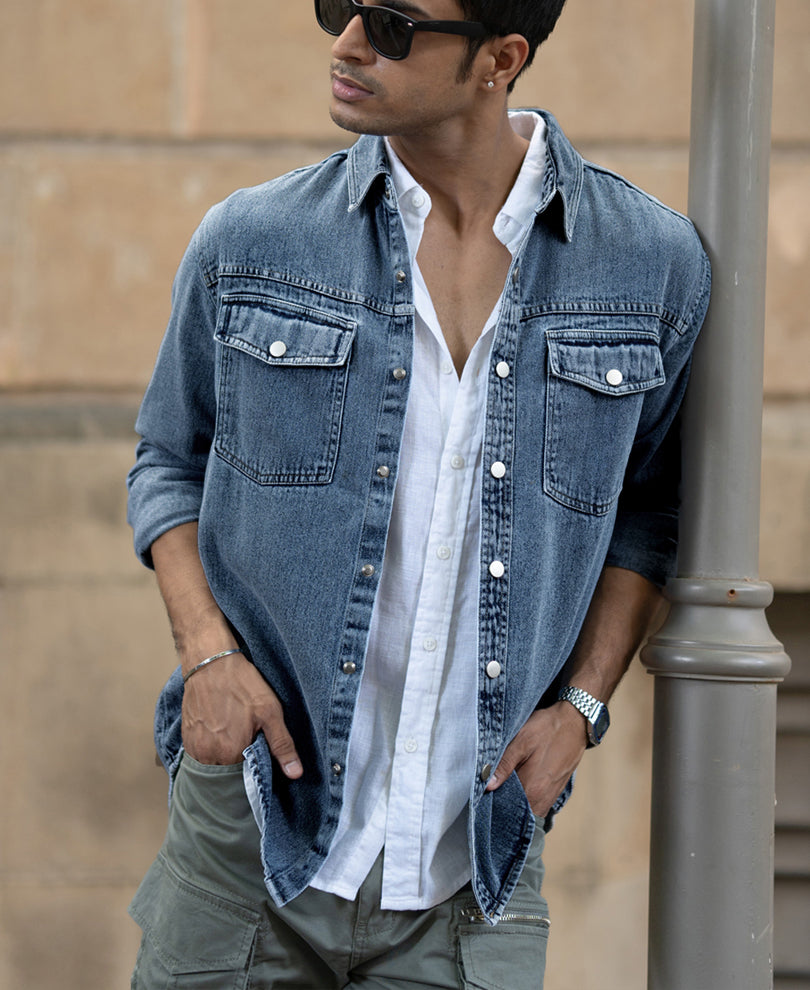 Mid Blue Washed Denim Regular Fit Overshirt 100% Cotton