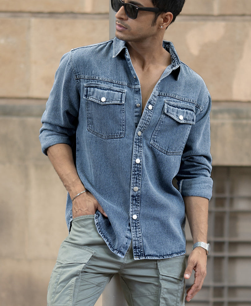 Mid Blue Washed Denim Regular Fit Overshirt 100% Cotton