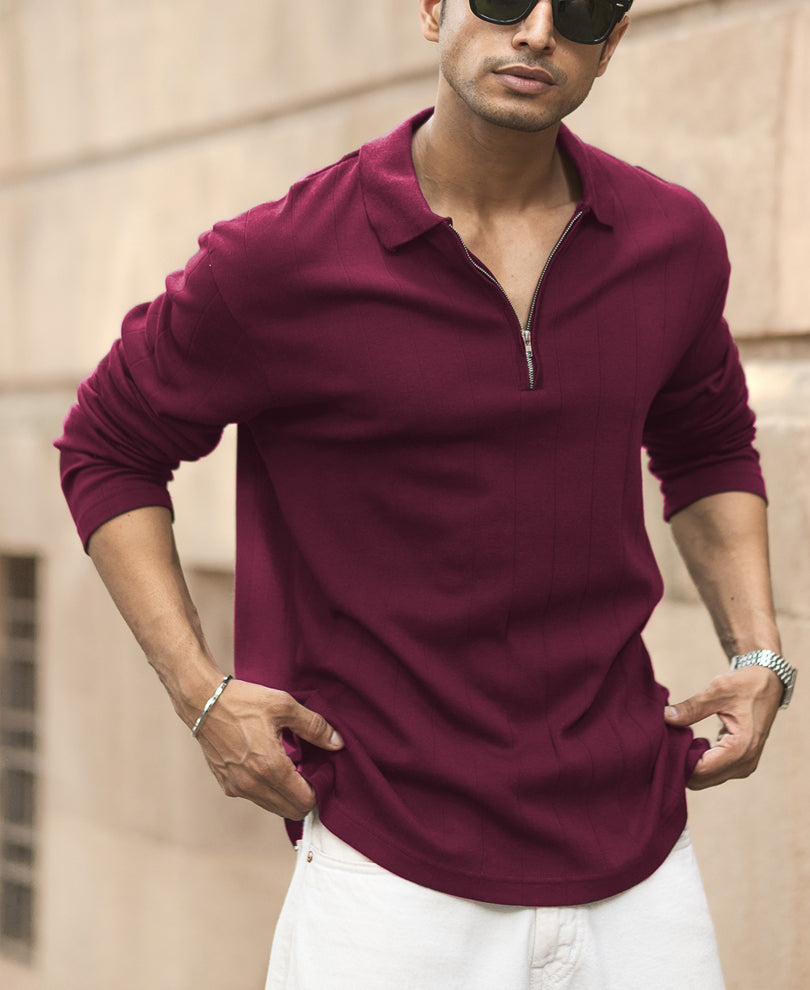 Wine Knitted Zipper Polo T-Shirt 100% Cotton
