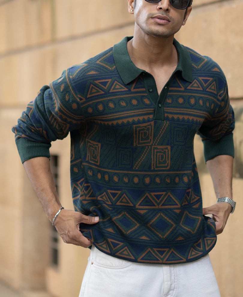 Multicolour Geometric Jacquard Knit T-Shirt 100% Cotton