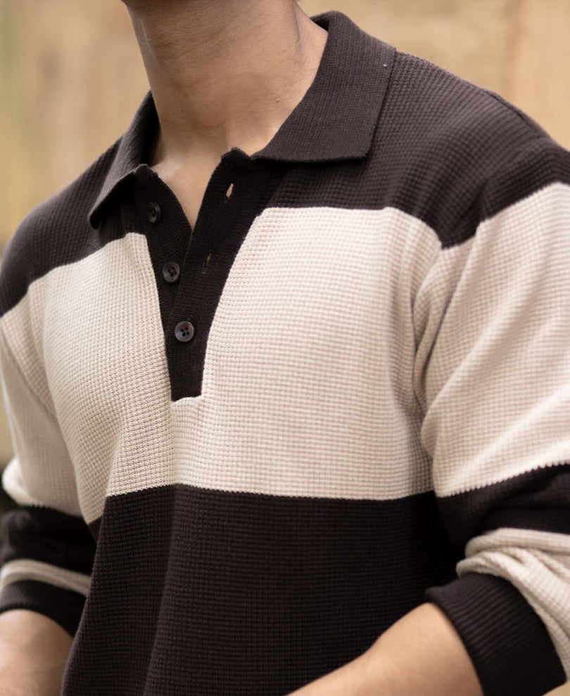 Brown Structured Knit Striped T-Shirt 100% Cotton