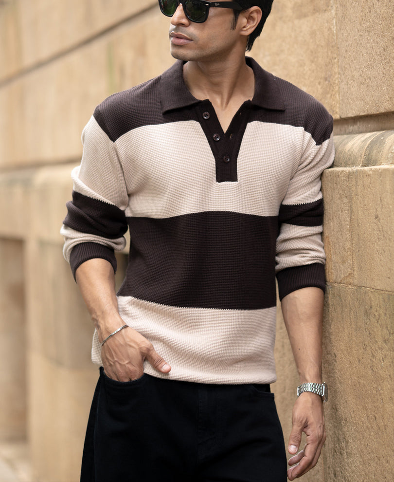 Brown Structured Knit Striped T-Shirt 100% Cotton