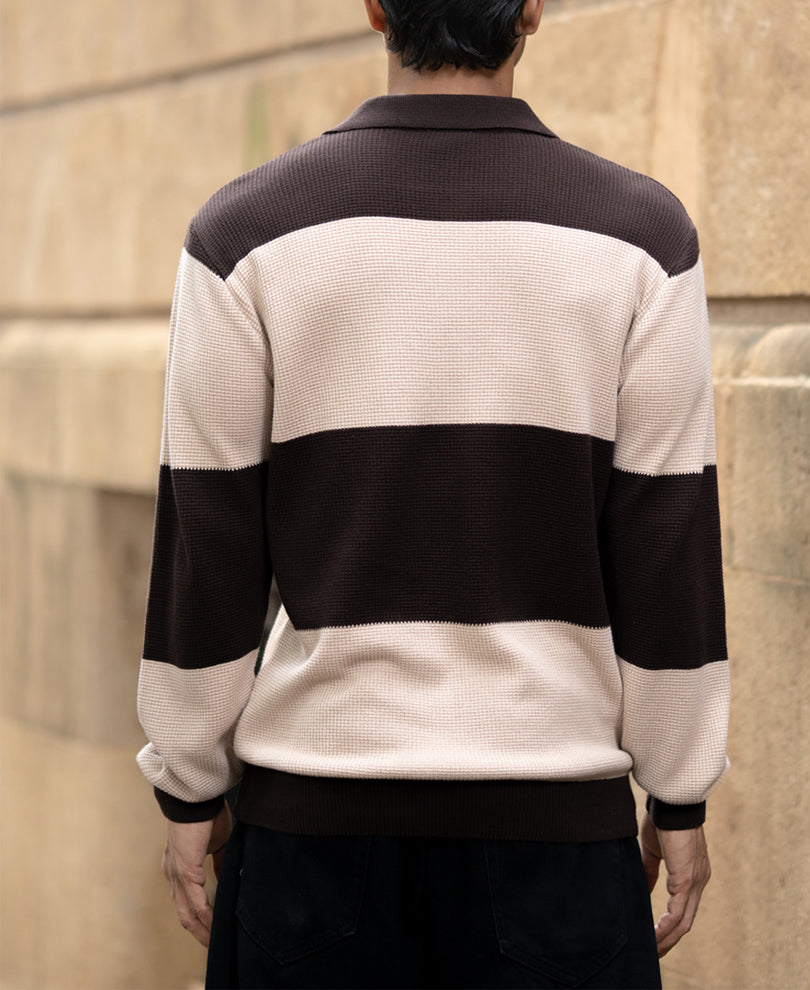 Brown Structured Knit Striped T-Shirt 100% Cotton