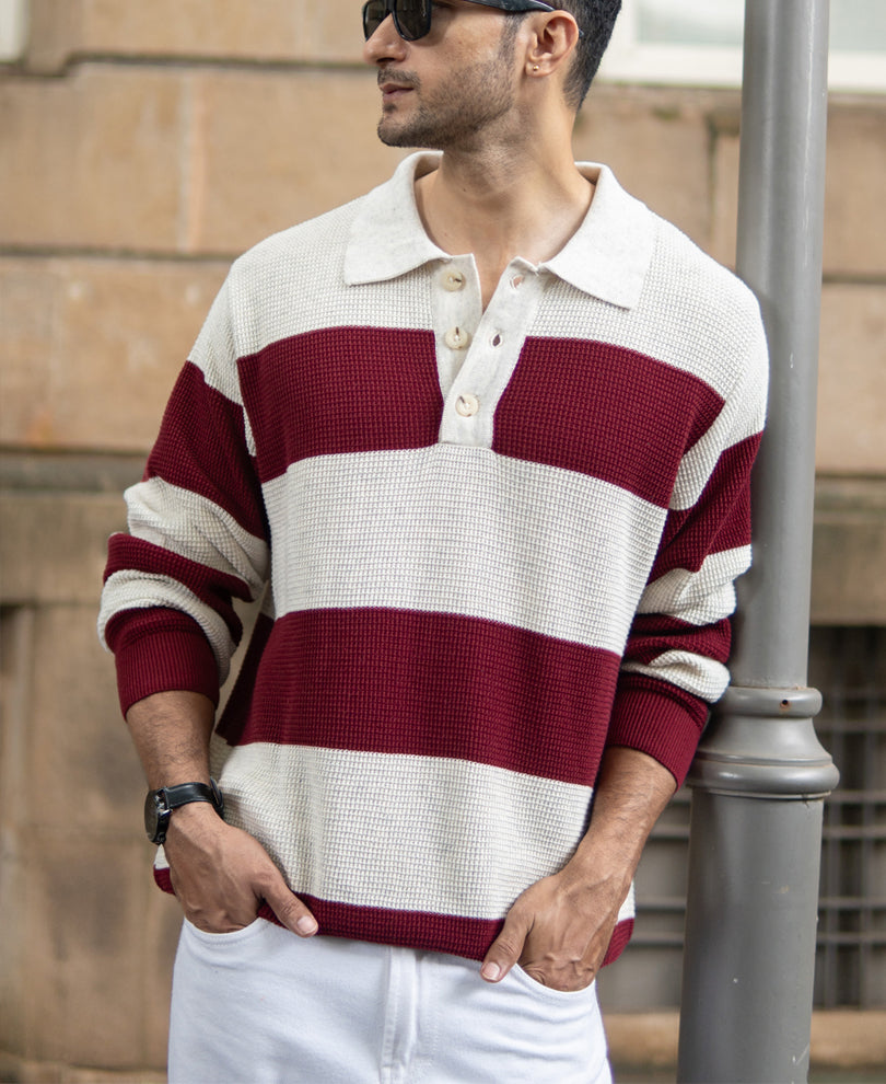 Wine Structured Stripe T-Shirt 100% Cotton