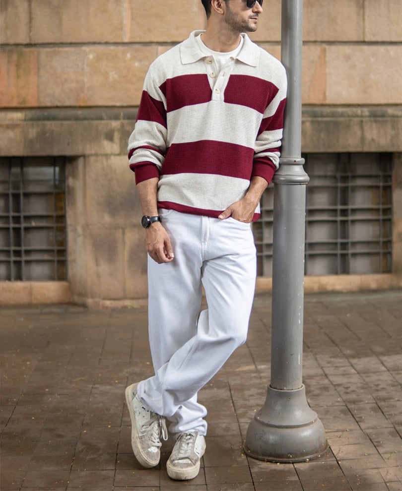 Wine Structured Stripe T-Shirt 100% Cotton