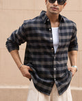 Grey Brushed Checked Shirt 100% Cotton