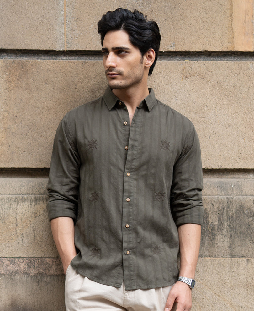 Olive Structure Embroidered Shirt 100% Cotton