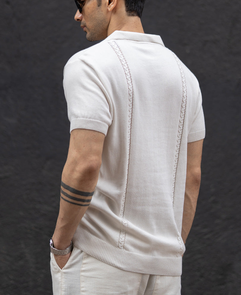 White Structured Knit Zipper T-Shirt 100% Cotton