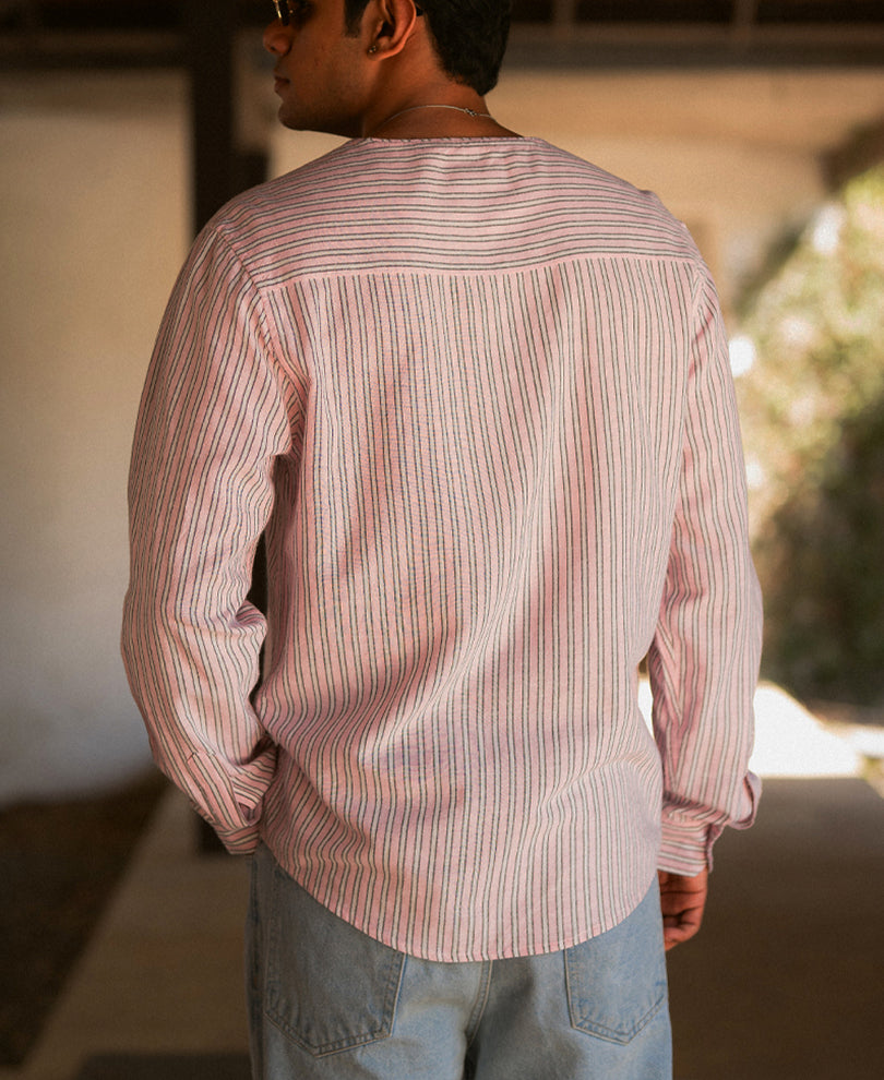 Pastel Pink Linen Blend Stripe Kurta Shirt