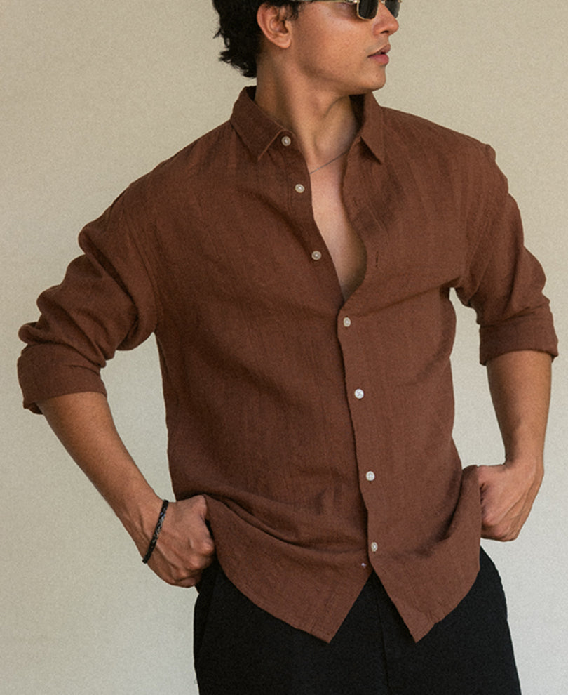 Brown Plain Structure Shirt 100% Cotton
