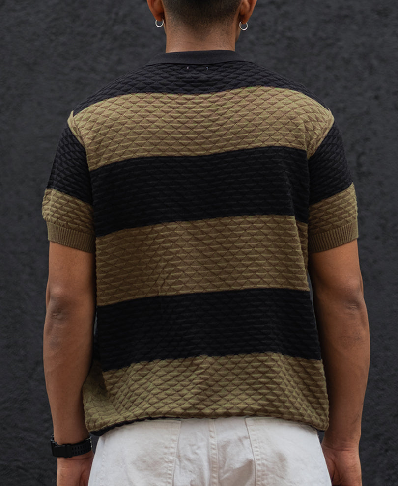 Olive Green and Black Structured Striped Regular Half Sleeves T Shirt 100% Cotton