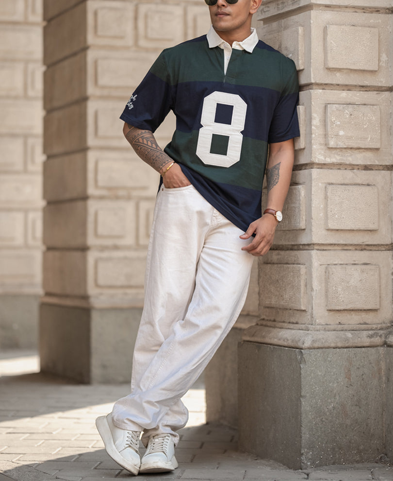 Green Embroidered Stripe T-Shirt 100% Cotton