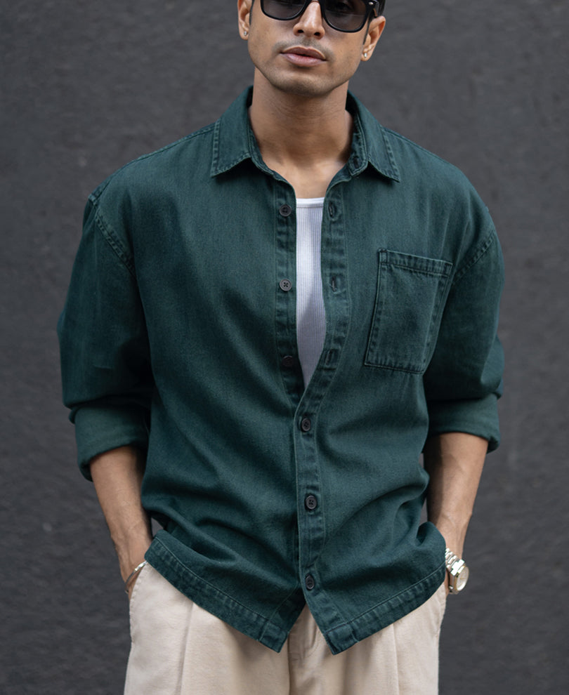 Dark Green Over Dyed Denim Shirt 100% Cotton