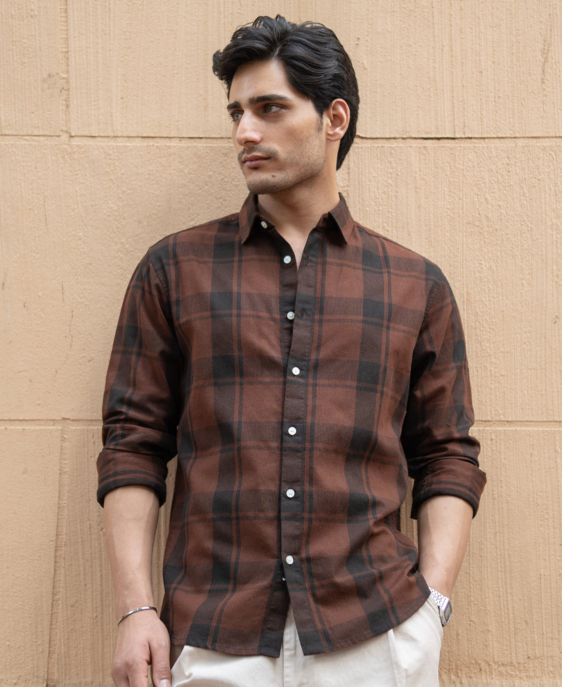 Dark Brown Structured Checked Shirt 100% Cotton