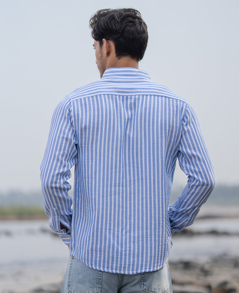 Blue Double Cloth Stripe Shirt 100% Cotton