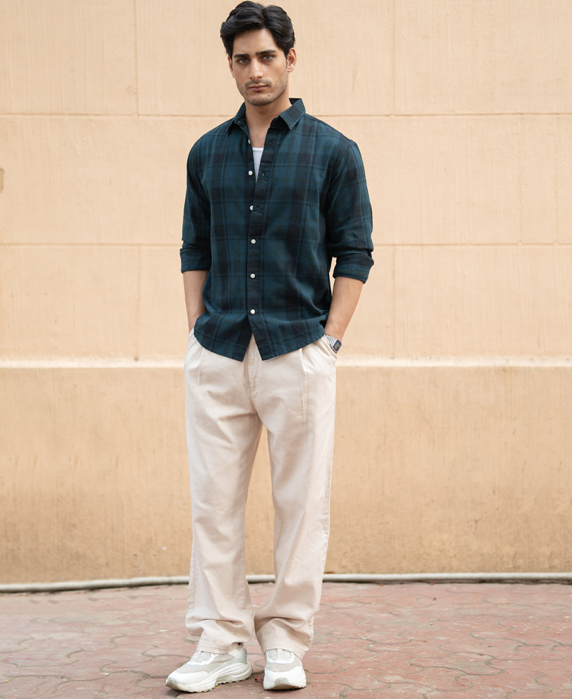 Dark Teal Structured Checks Shirt 100% Cotton