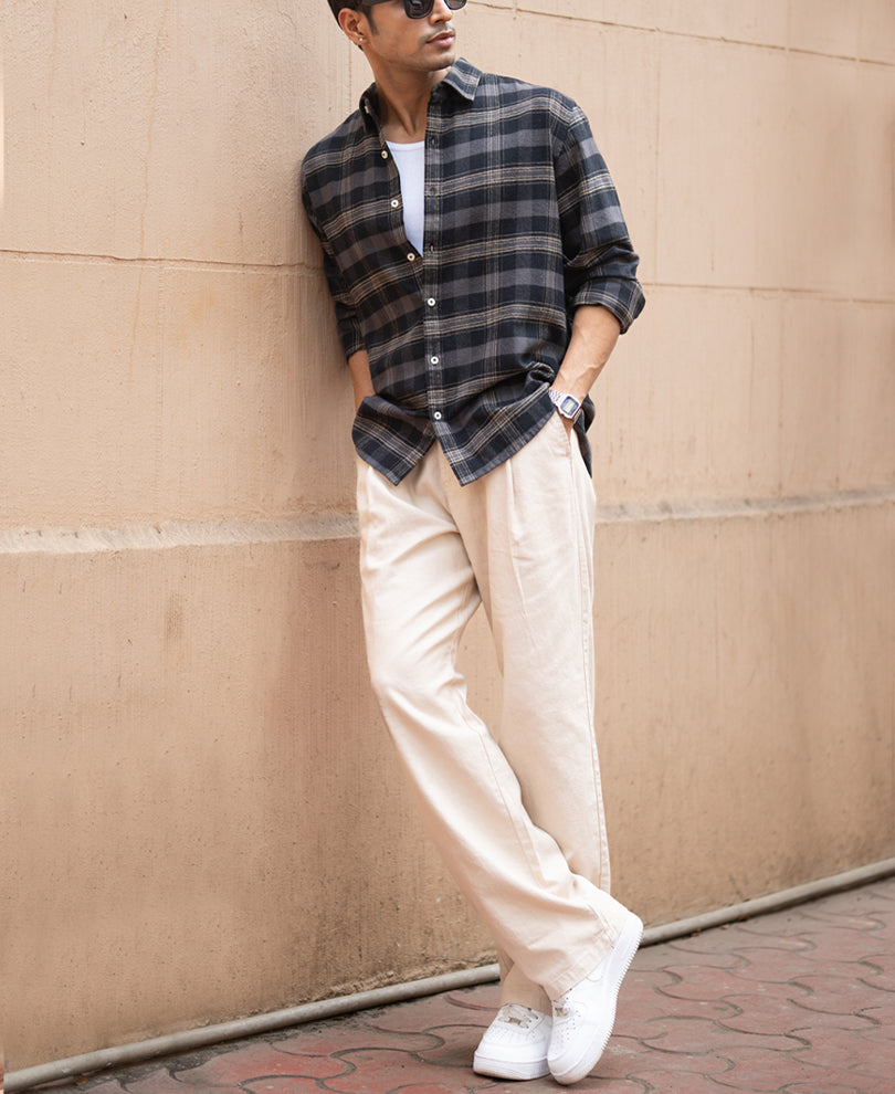 Grey Brushed Checked Shirt 100% Cotton