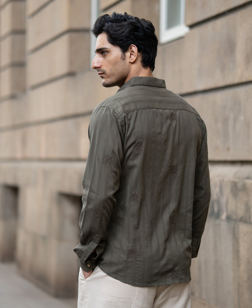 Olive Structure Embroidered Shirt 100% Cotton