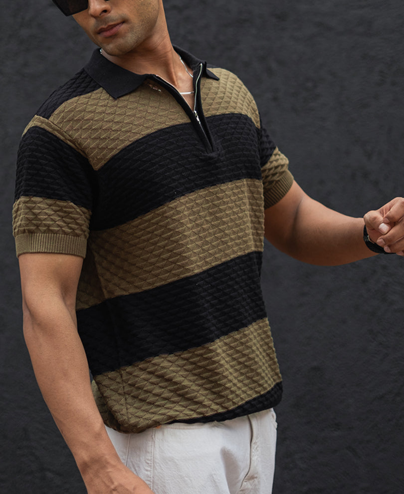 Olive Green and Black Structured Striped Regular Half Sleeves T Shirt 100% Cotton