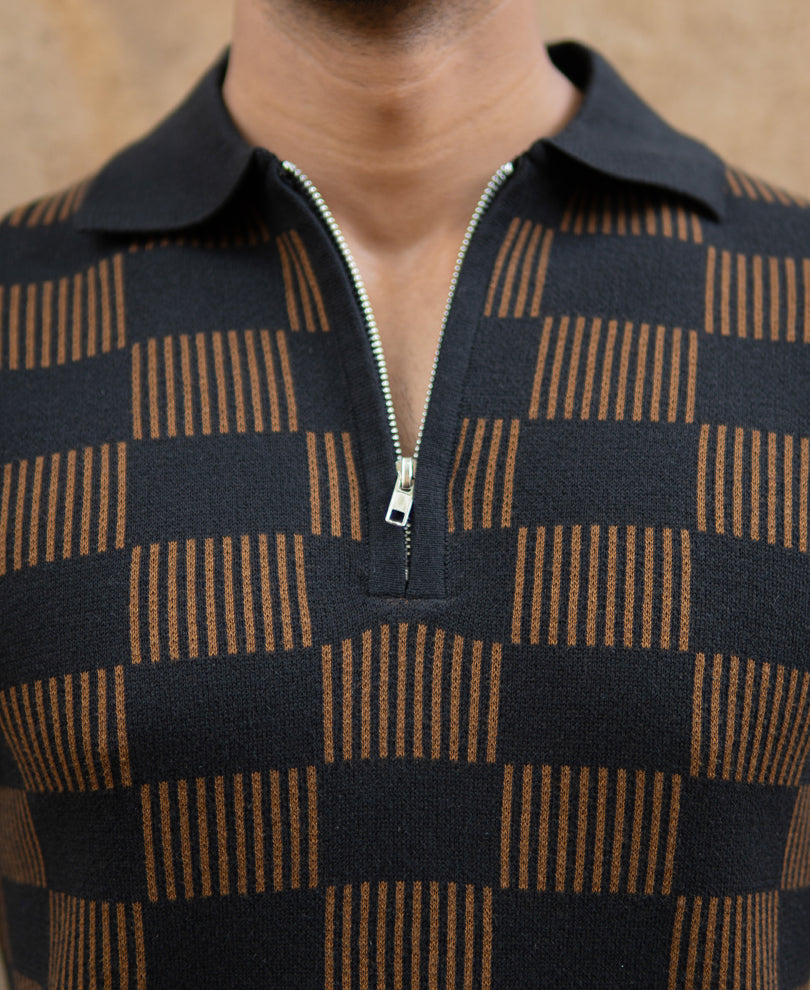 Brown And Black Jacquard Knit T-Shirt 100% Cotton