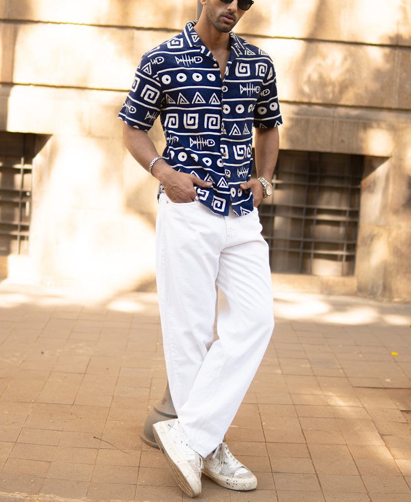 Navy Tribal Print Shirt 100% Cotton