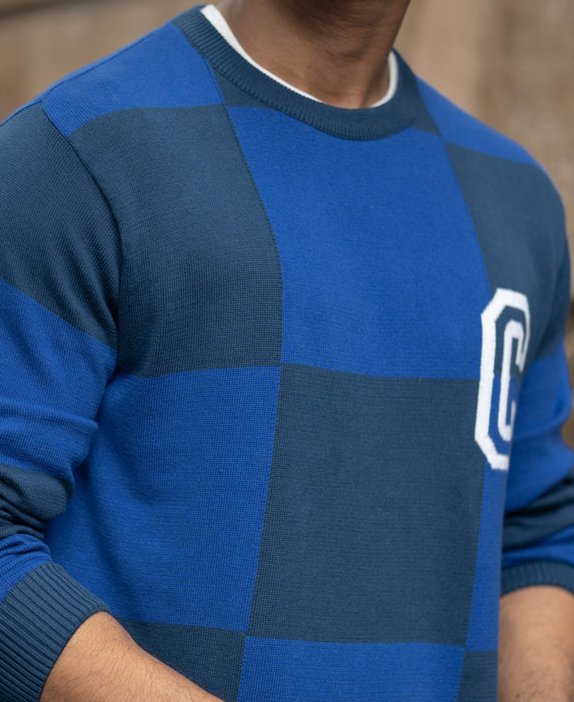 Blue Jacquard Knit T-Shirt 100% Cotton