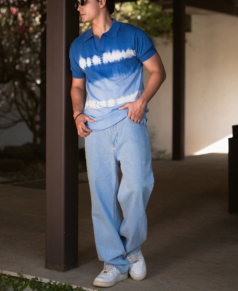 Blue Tie Dye Knit T-Shirt 100% Cotton