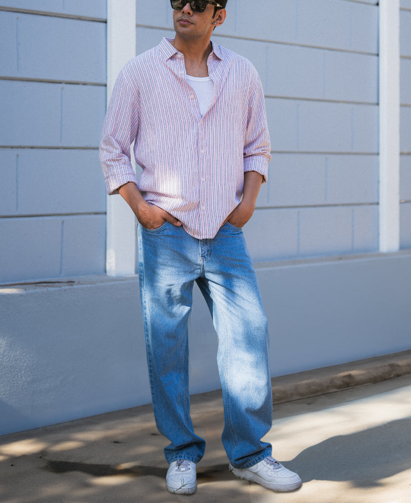 Pastel Pink Linen Blend Stripe Shirt