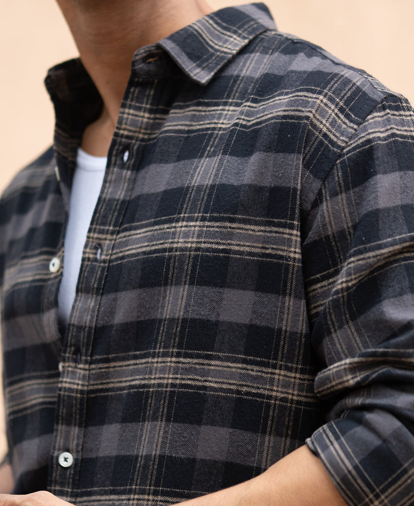 Grey Brushed Checked Shirt 100% Cotton