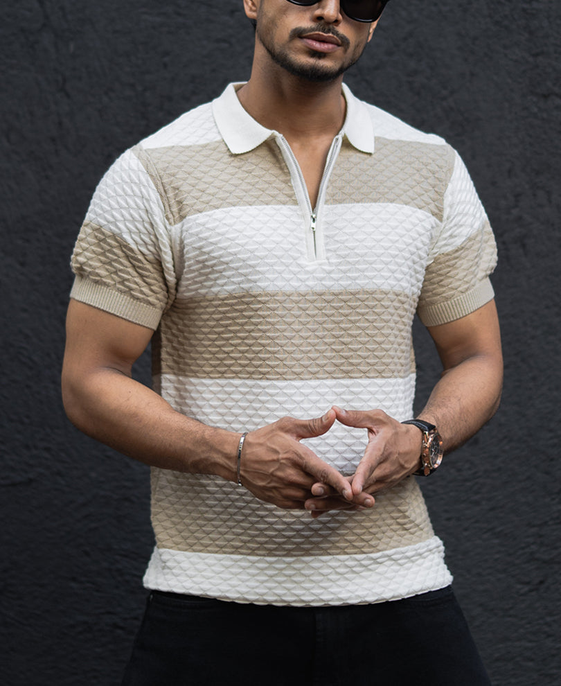 Off White Structured Striped Regular Half Sleeves T Shirt 100% Cotton
