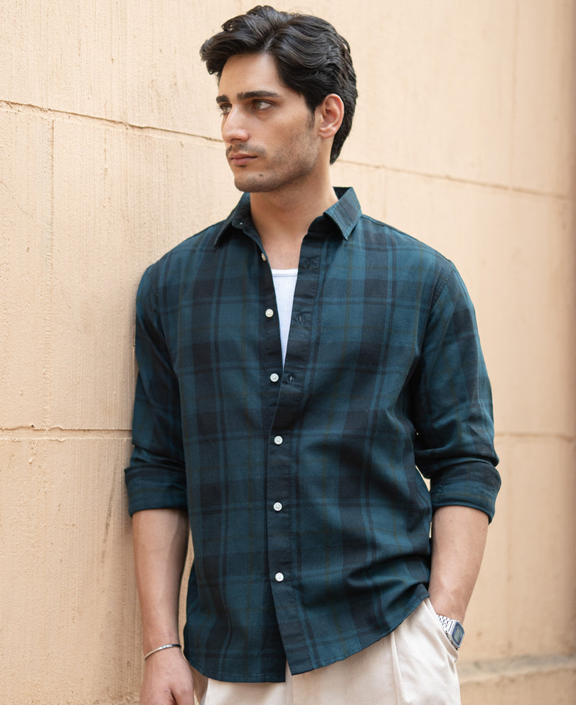 Dark Teal Structured Checks Shirt 100% Cotton