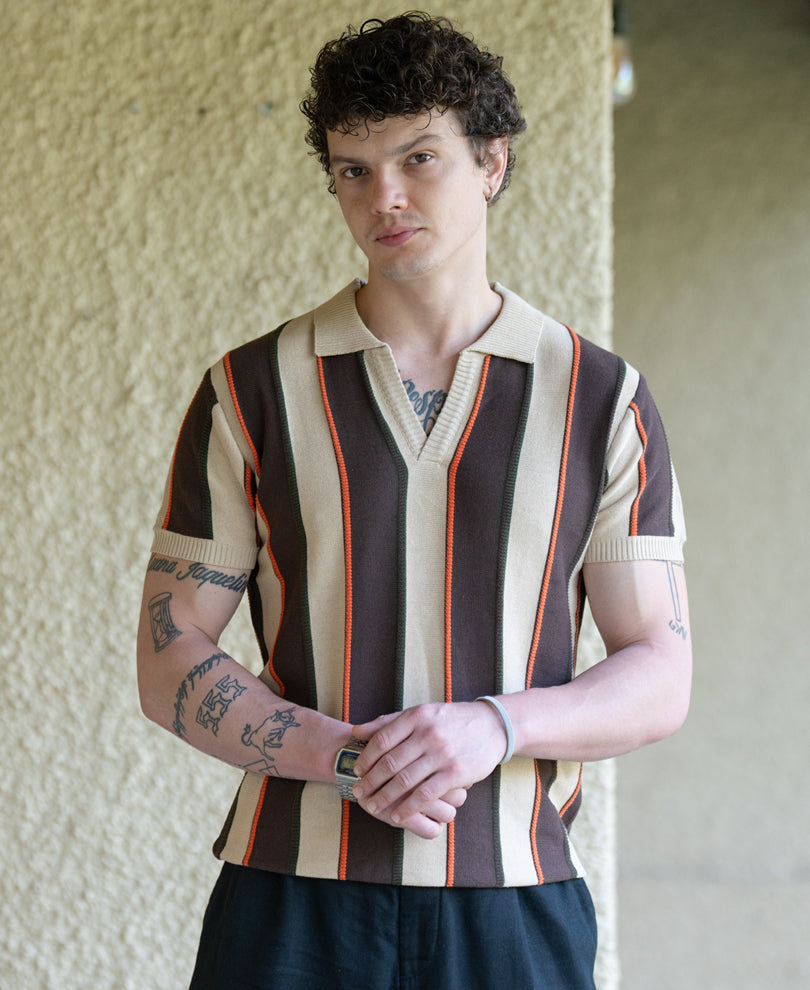 Beige Stripe Knit T-Shirt 100% Cotton