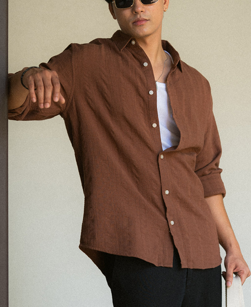 Brown Plain Structure Shirt 100% Cotton