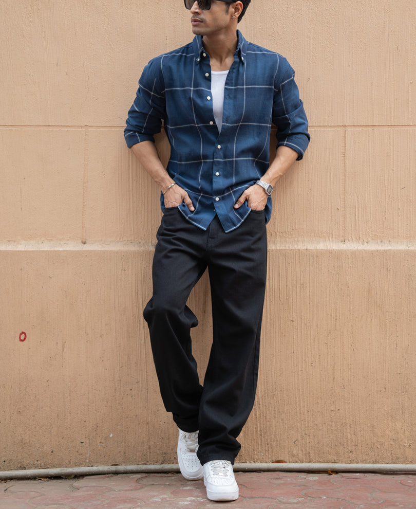 Navy Lightweight Checks Shirt 100% Cotton