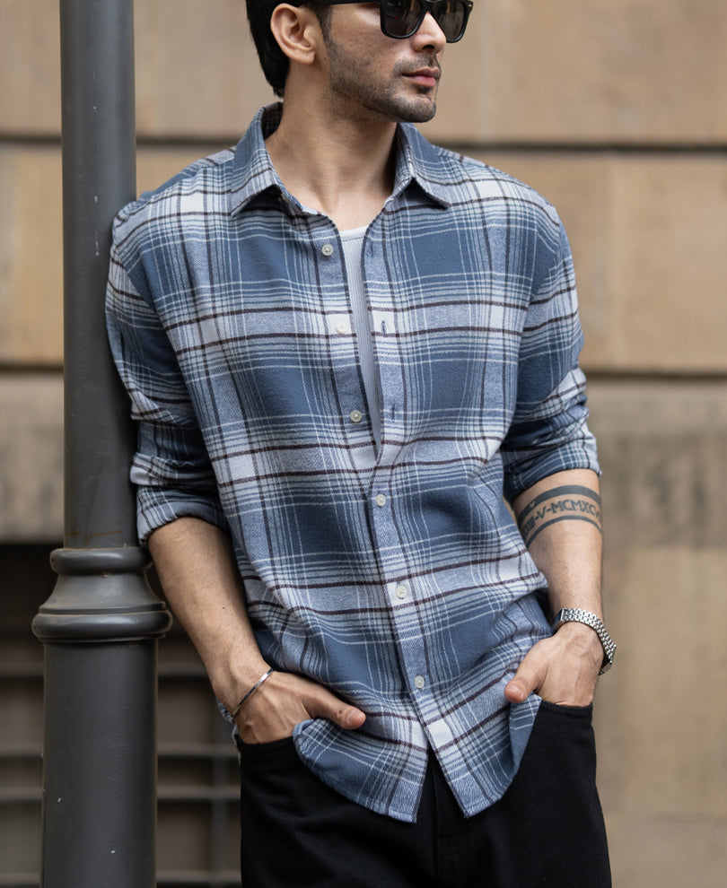 Grey Sky Structured Checks Shirt 100% Cotton